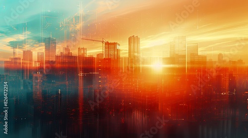 Vibrant cityscape at sunset with modern skyscrapers. Abstract, colorful urban skyline with a warm, atmospheric glow over the horizon.