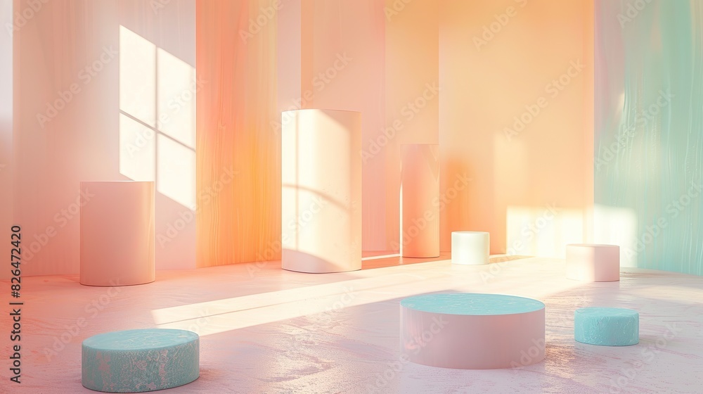 studio setting with pedestals in pastel colours. Space full of sunlight studio setting with pedestals in pastel colours. Space full of sunlight