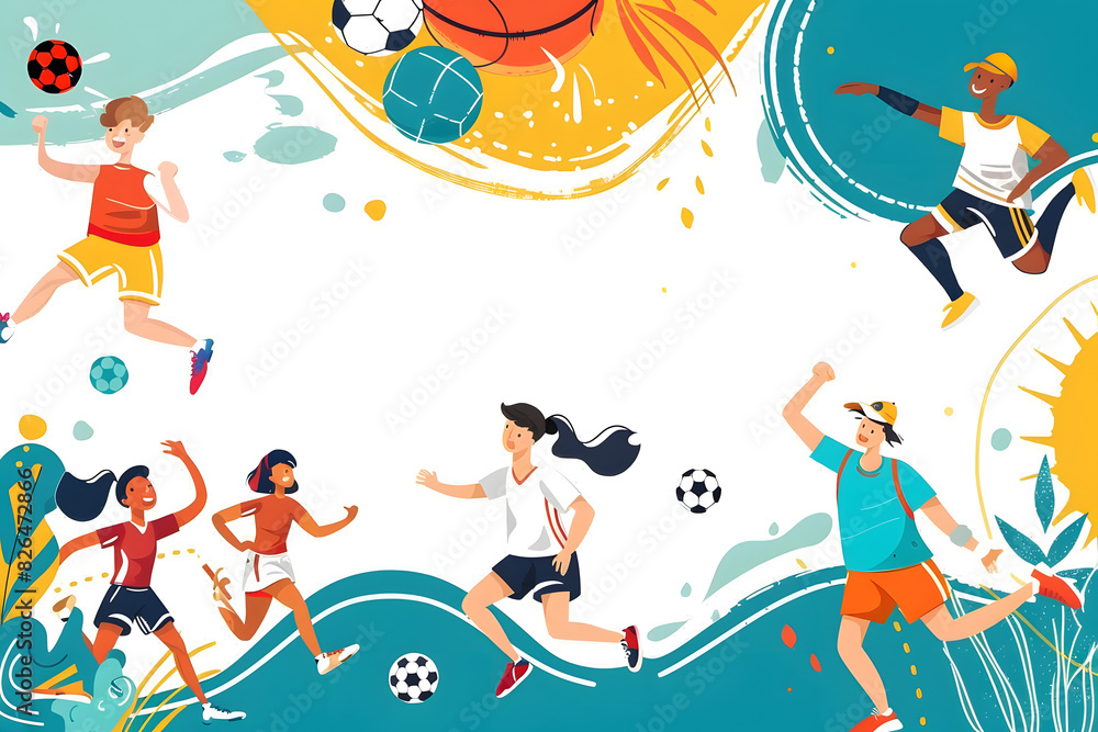 Sports cartoon background design with sport players in different activities.