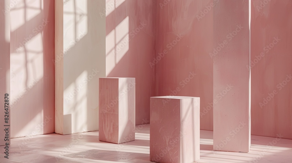 studio setting with pedestals in pink colours. Space full of sunlight studio setting with pedestals in pink colours. Space full of sunlight