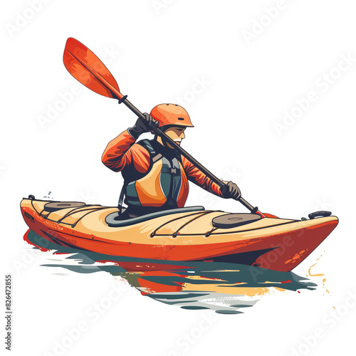 Kayaking adventure illustration of a person paddling in a kayak on water, depicted in vibrant colors and dynamic motion.