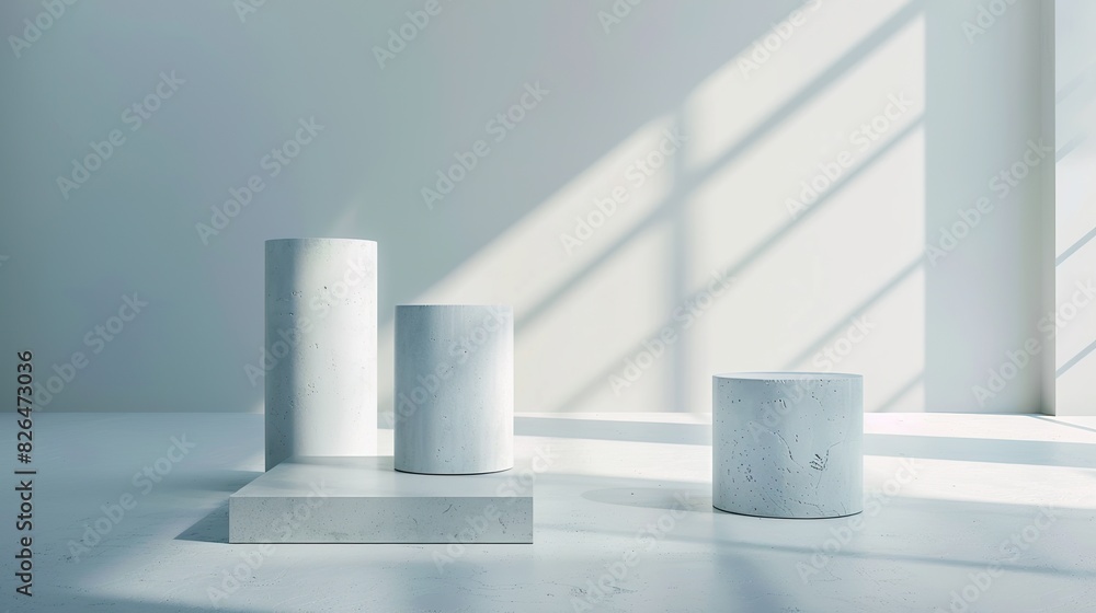 studio setting with pedestals in light blue colours. Space full of sunlight studio setting with pedestals in light blue colours. Space full of sunlight