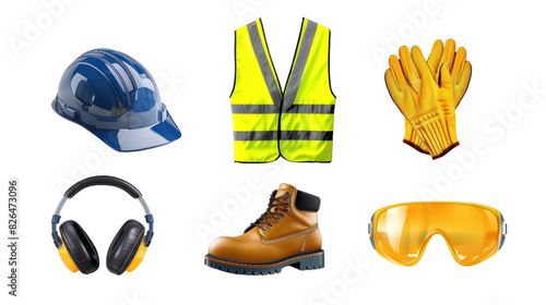 Safety equipment or personal protective equipments for industry and construction engineers. Isolated transparent background.