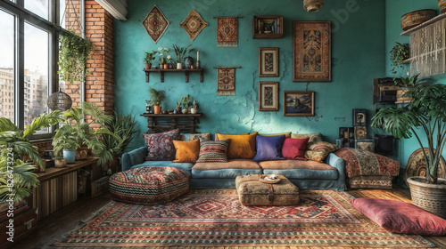 A bohemian chic living space with eclectic furniture  vibrant colors  and a mix of patterns.