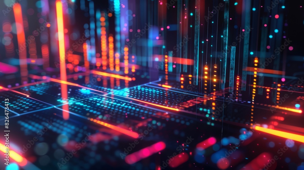 Abstract futuristic technology background with glowing neon data visualization and digital grid pattern in vibrant colors. Abstract futuristic technology background with glowing neon data visualization and digital grid pattern in vibrant colors.