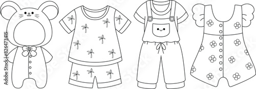 Set of cute baby clothes coloring page for kids isolated on white background. Black and white coloring for preschool children. Vector illustration, hand-drawn outline