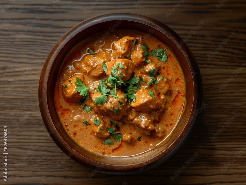 Overhead View of a Bowl of Chicken Tikka Masala with Creamy Sauce and Fragrant Rice Overhead View of a Bowl of Chicken Tikka Masala with Creamy Sauce and Fragrant Rice