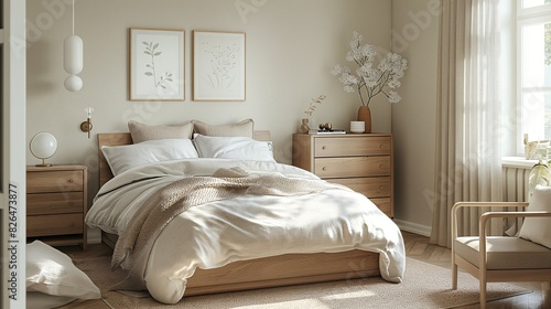 A cozy Scandinavian-style bedroom with light wood furnishings, soft textiles, and a neutral color palette.