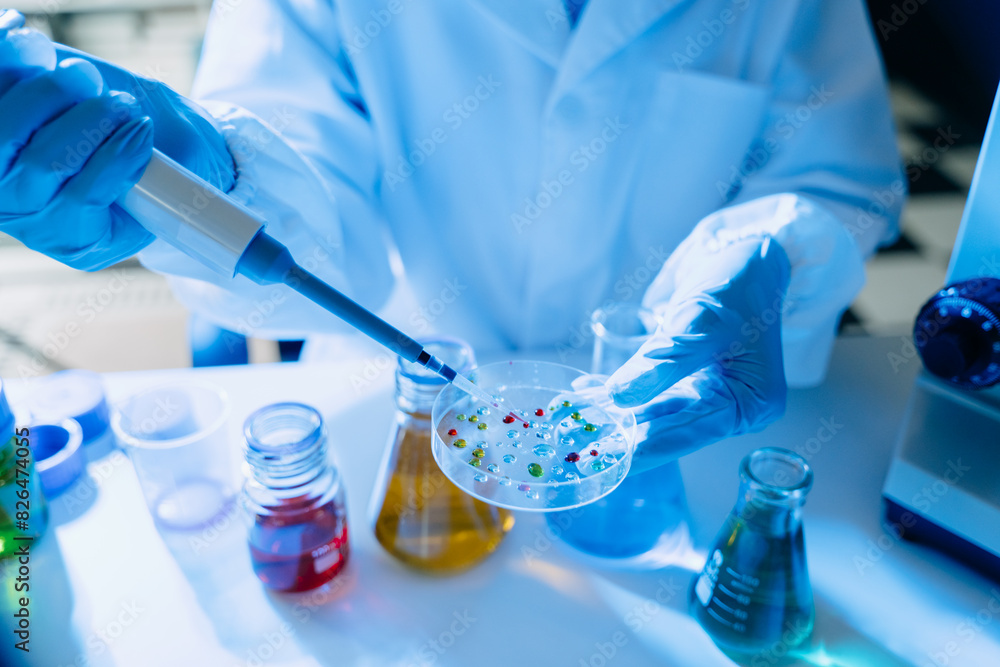 Modern medical research laboratory. female scientist hands working with micro pipettes analyzing biochemical samples Modern medical research laboratory. female scientist hands working with micro pipettes analyzing biochemical samples