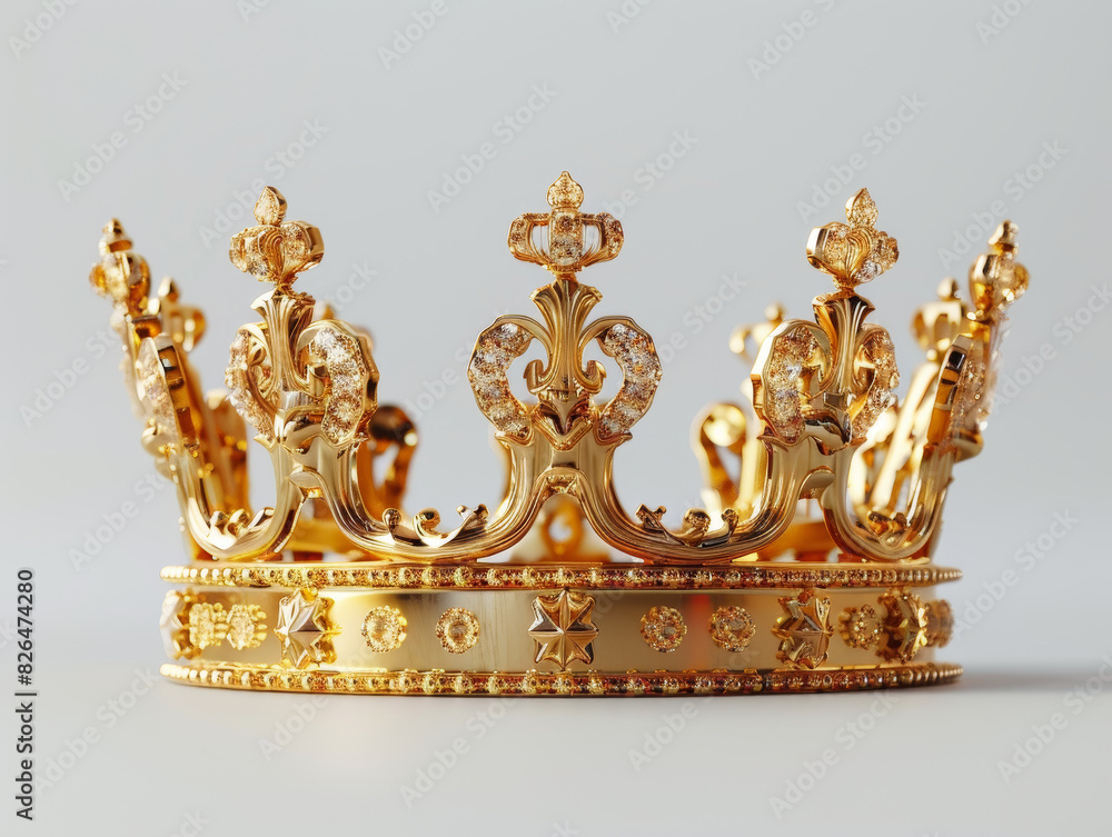 Elegant golden crown with intricate design, symbolizing royalty and wealth, white background Elegant golden crown with intricate design, symbolizing royalty and wealth, white background