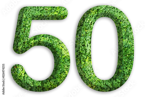 3d of the number of 50 is made from green grass on white background, go green concept