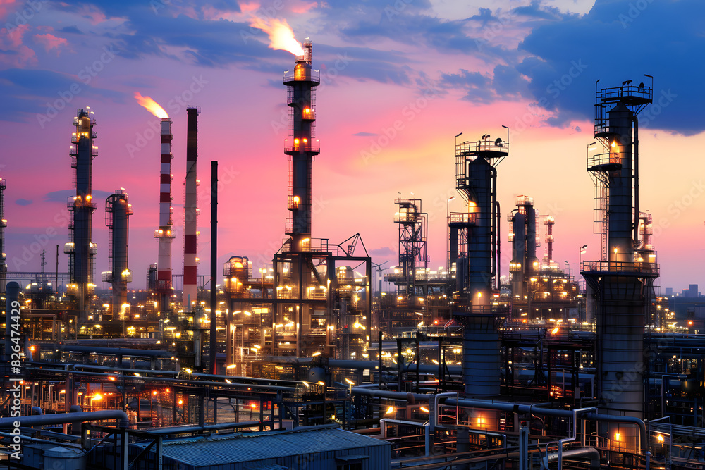 Fototapeta premium Aerial view oil and gas petrochemical industrial factory.
