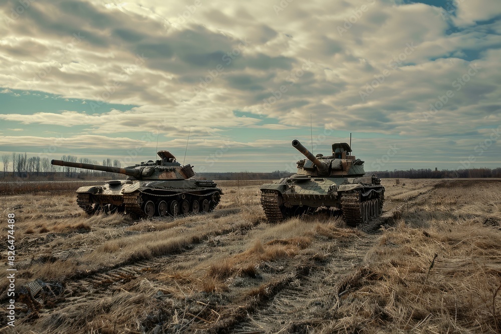 Fototapeta premium Two old military tanks abandoned in a dry field with a dramatic sunset sky backdrop