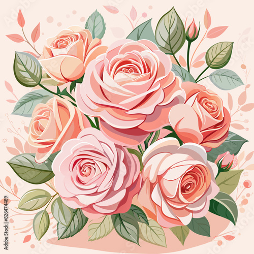 Delicate festive roses in bloom and light pink flowers background  bouquet floral card  