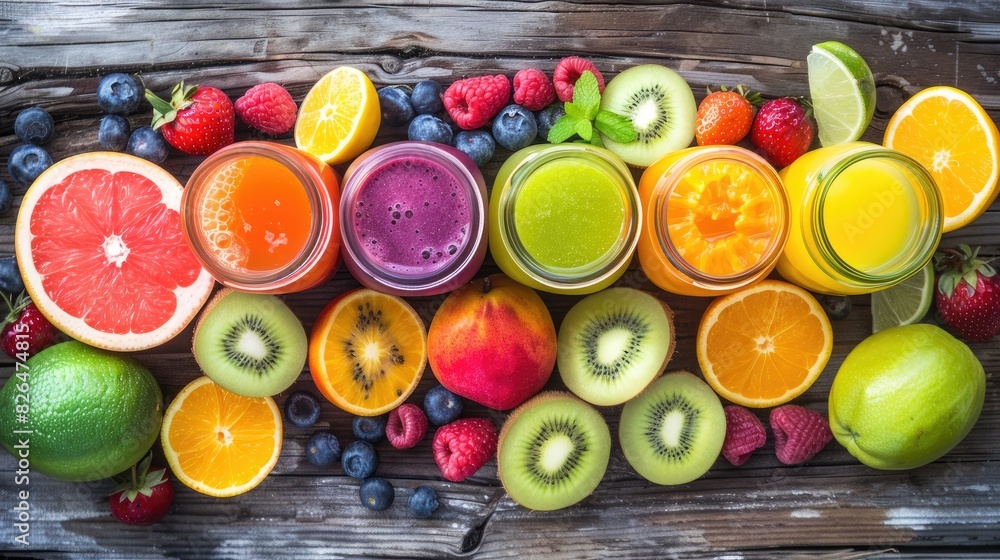 © lililia - fresh juices or smoothies arranged on a wooden desk, with assorted fruits placed nearby, creating an inviting scene of health and refreshment.