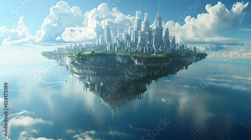 A fantasy floating island with a city built on it. The island is surrounded by clouds and there is a large body of water below it. © Awais