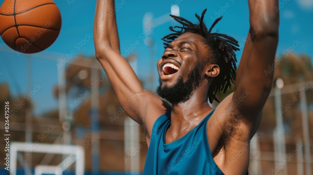 Happy black basketball player celebrating his achievements on court ...