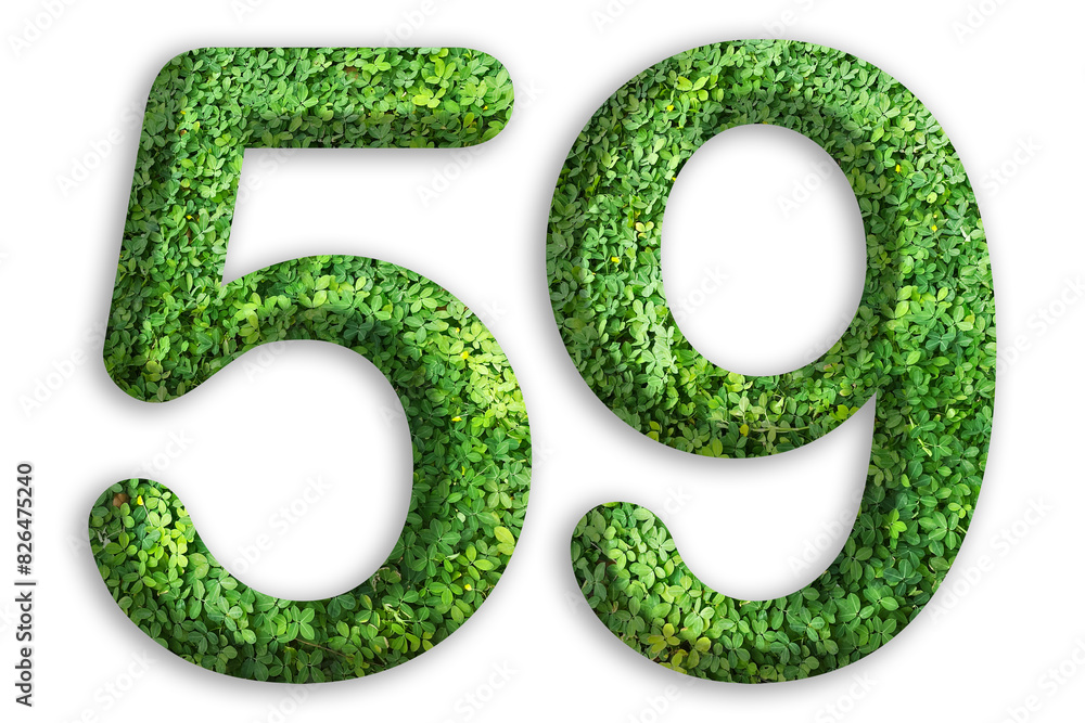 3d of the number of 59 is made from green grass on white background, go green concept 3d of the number of 59 is made from green grass on white background, go green concept