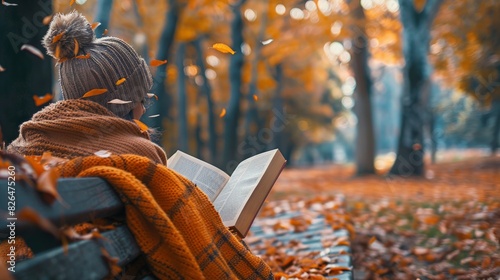 Autumn Leaves and Cozy Vibes: Capture a serene autumn scene with colorful falling leaves, a person wrapped in a cozy blanket reading a book on a park bench, emphasizing tranquility and the beauty of f