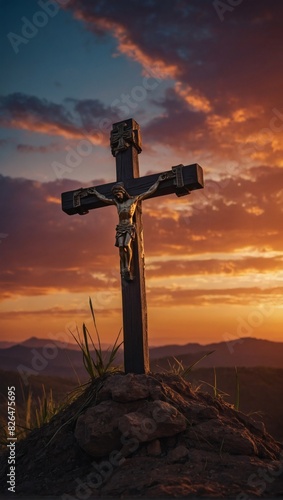 Holy Friday Symbolism, Cross with a Glowing Sunset Horizon.