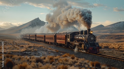 Vintage Steam Locomotive Traversing Dramatic Desert Landscape on Historic Railway Journey