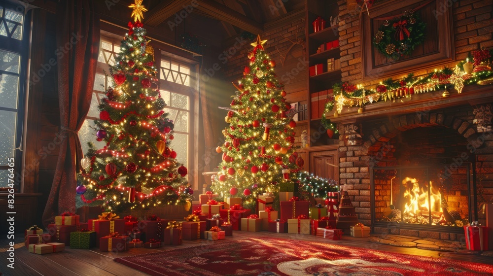 Christmas Morning: Depict a joyful Christmas morning with a family opening presents under a decorated tree, cozy fireplace, and festive decorations, highlighting happiness and holiday traditions. Christmas Morning: Depict a joyful Christmas morning with a family opening presents under a decorated tree, cozy fireplace, and festive decorations, highlighting happiness and holiday traditions.
