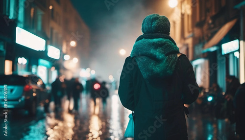 person walking in the city, blurred city light, ai
