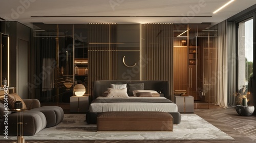 bedroom in dark colors with glass doors to the left of the bed leading to the living room  an exit to the balcony opposite the bed  and wooden panels behind the headboard.