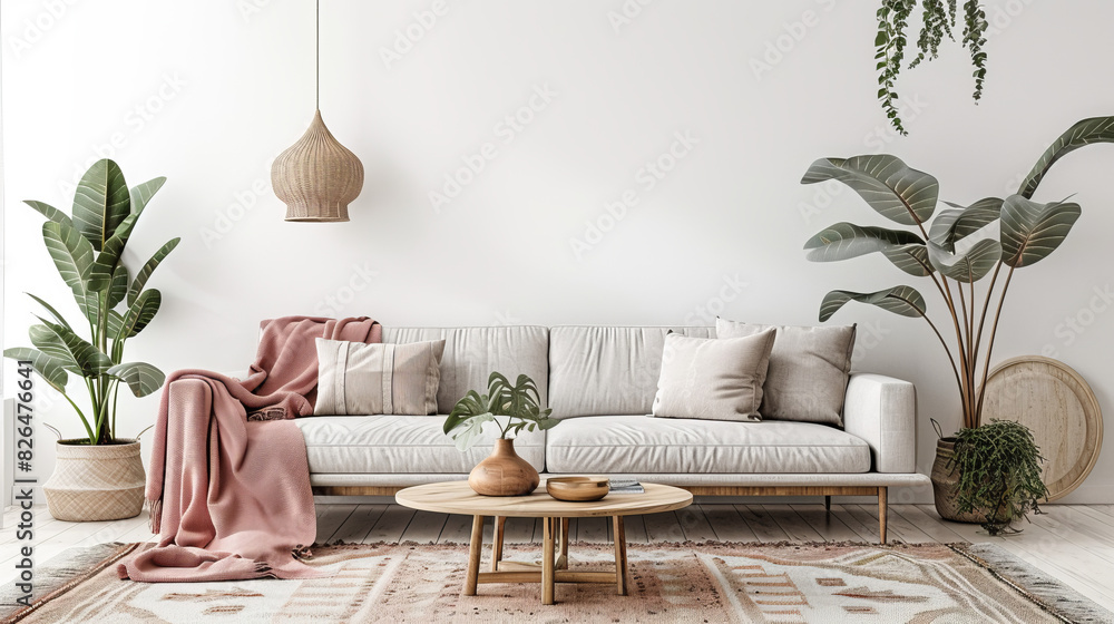 Modern Minimalist Living Room with Gray Sofa, Pink Blanket, Wooden Coffee Table, Carpet, Pendant Lamp, and Plants, White Background, Scandinavian Design, High-Resolution Detail for Product Display or Modern Minimalist Living Room with Gray Sofa, Pink Blanket, Wooden Coffee Table, Carpet, Pendant Lamp, and Plants, White Background, Scandinavian Design, High-Resolution Detail for Product Display or