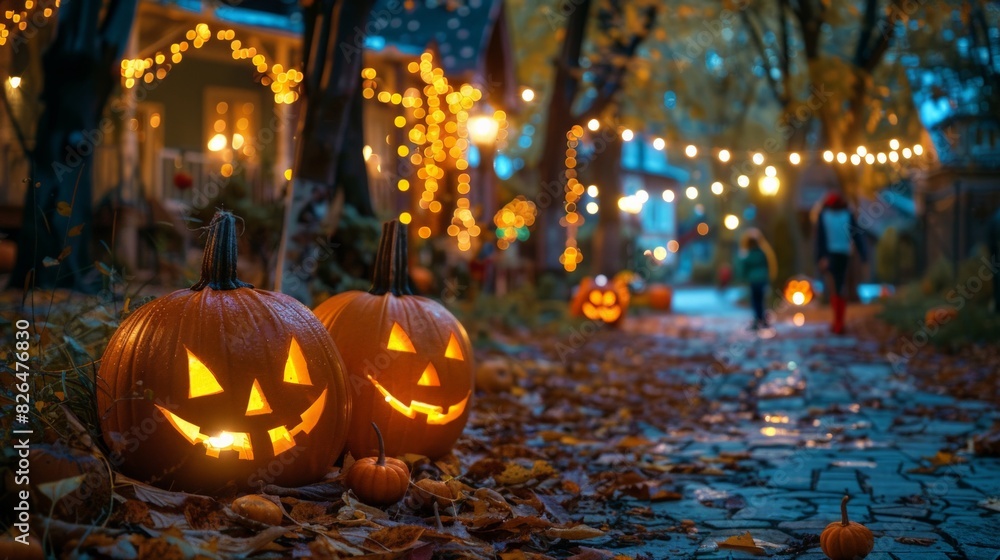 Halloween Festivities: Illustrate a lively Halloween night with kids trick-or-treating in costumes, decorated houses with pumpkins and spooky lights, emphasizing fun and community spirit. Halloween Festivities: Illustrate a lively Halloween night with kids trick-or-treating in costumes, decorated houses with pumpkins and spooky lights, emphasizing fun and community spirit.
