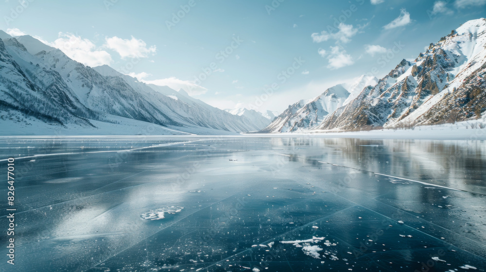 Mountain ridge and ice on the frozen lake surface Mountain ridge and ice on the frozen lake surface