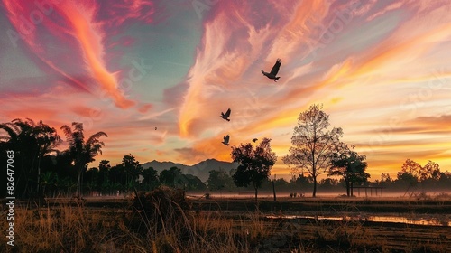   A flock of birds flying over a lush green field beneath a pink and blue sky, with a sunset in the backdrop photo