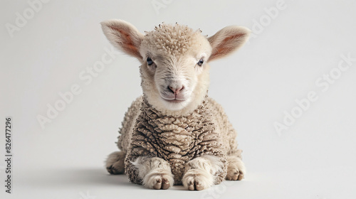 Adorable lamb with woolly fur on a white background photo
