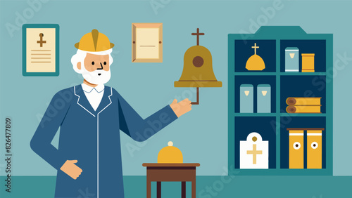 A historian leads a tour of the archive pointing out unique items such as a bell from the original church building and a handmade communion table made. Vector illustration