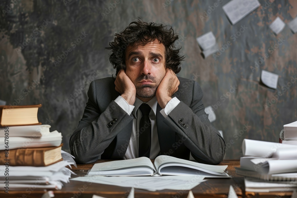 Stressed male office worker surrounded by stacks of paperwork looking exhausted Stressed male office worker surrounded by stacks of paperwork looking exhausted