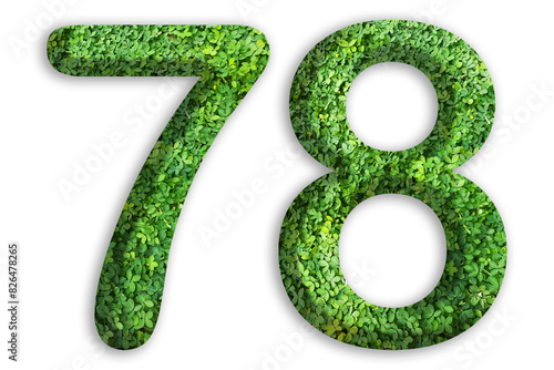 3d of the number of 78 is made from green grass on white background, go green concept