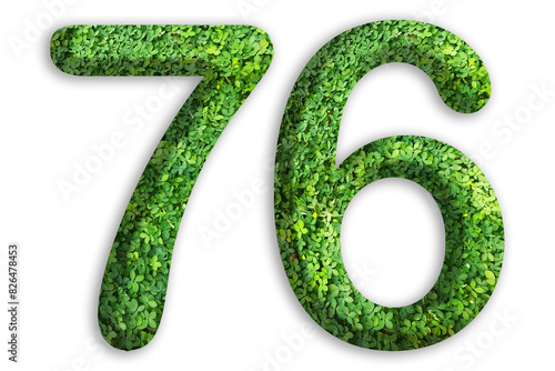 3d of the number of 76 is made from green grass on white background, go green concept
