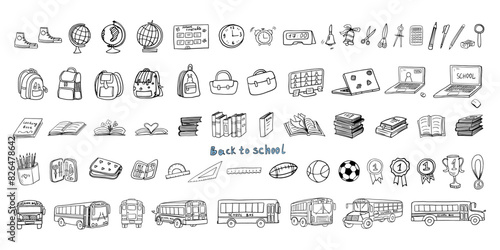 Big set of school icons. Back to school. School bus. Transport. Doodle style. Good for textile fabric design, wrapping paper, banner, posters, cards, stickers, professional design. Hand drawn