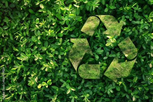 A plantthemed recycling symbol surrounded by lush green leaves photo