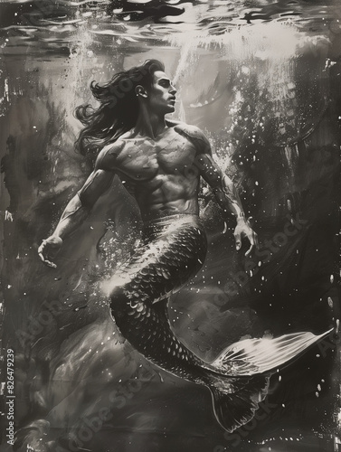 merman in the water - black and white sketch illustration - generative ai photo