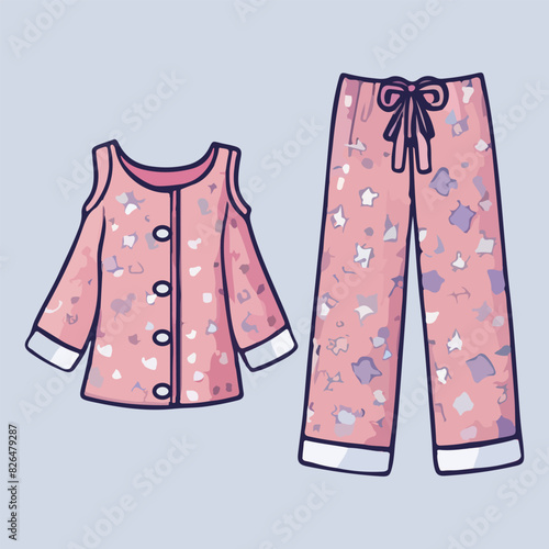  Girl pajamas set. Textile night clothes for kids sleepwear pajamas. Cute pink nightwear collection. Things for the good sleep. Cozy house clothes isolated on hellblau background. Vector illustration