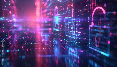 Digital security concept with glowing padlocks and data stream in abstract cyberspace. Futuristic cyber protection visualization.