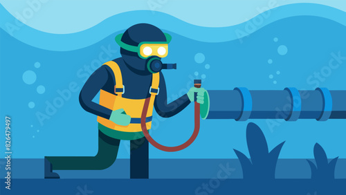 Wearing protective gear a diver performs a visual inspection of the underwater oil pipeline ensuring everything is in proper working order.. Vector illustration