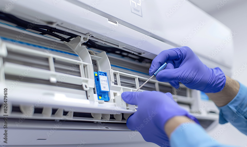 A technician wearing blue gloves adjusts an air conditioner unit with a screwdriver, focusing on professional repair and maintenance A technician wearing blue gloves adjusts an air conditioner unit with a screwdriver, focusing on professional repair and maintenance