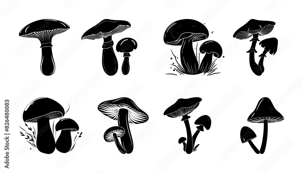 set of mushroom silhouettes, isolated background set of mushroom silhouettes, isolated background