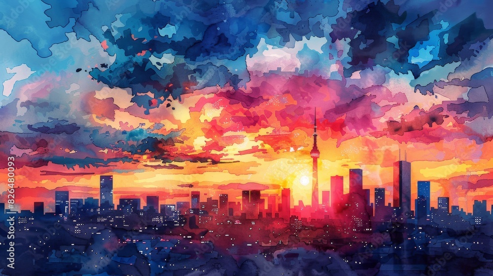Bold and dramatic colors blend in the sky of this vibrant watercolor painting, depicting a city skyline at sunset. Bold and dramatic colors blend in the sky of this vibrant watercolor painting, depicting a city skyline at sunset.
