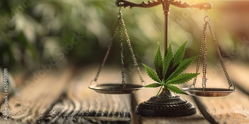 Cannabis leaf on scales symbolizing justice and marijuana legalization concept. Concept Cannabis Legalization, Justice System, Marijuana Symbolism photo
