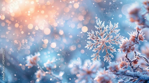 Macro photograph of a detailed frosty snowflake on a winter branch with a bokeh background and warm, glowing light.