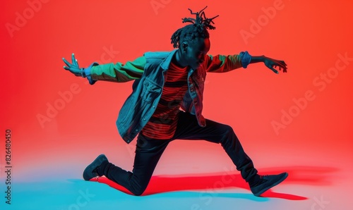 Happy young man dancing, color studio background
