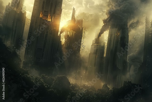 Dramatic apocalyptic artwork depicting a city in ruins with smoke and fire